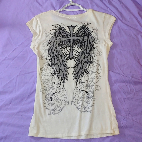 VINTAGE RHINESTONE CROSS & WINGS SLEEVELESS SHIRT * SIZE L - Picture 3 of 5